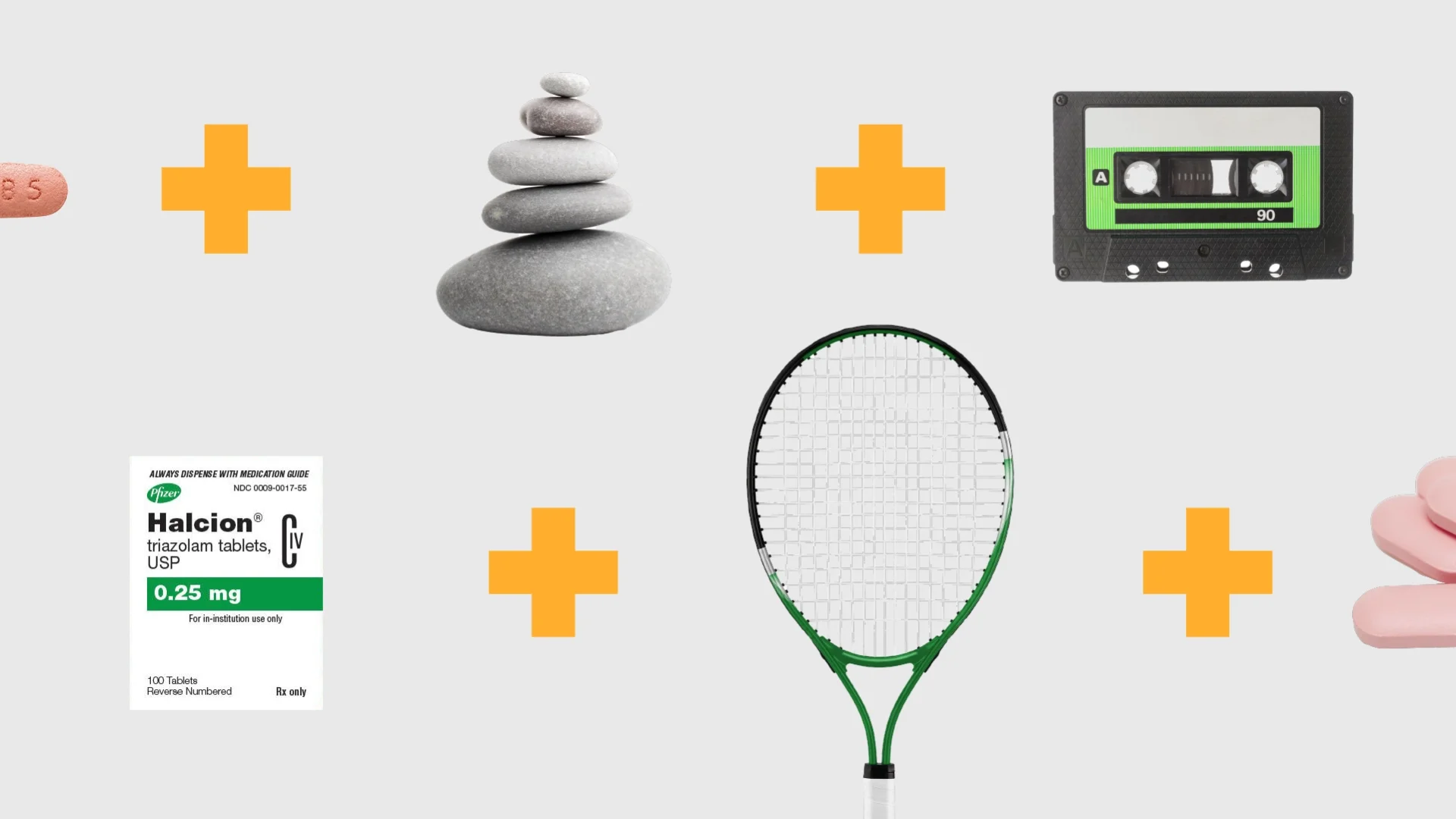 Graphic illustration of rocks, tennis racket, cassette tape, medication against a grey background. There are yellow crosses between each item. 