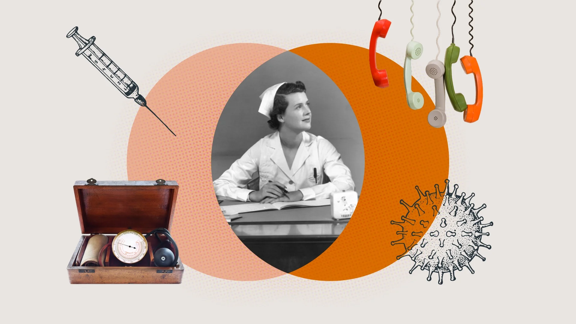 Custom graphic to represent the intersection of health and the workplace. Images include a nurse in the center and objects such as a syringe, virus, blood pressure cuff, and hanging corded phones.