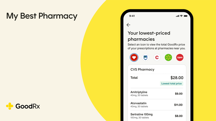 Custom graphic reading “My Best Pharmacy” with phone a screenshot of the user interface of the GoodRx app’s new feature. 