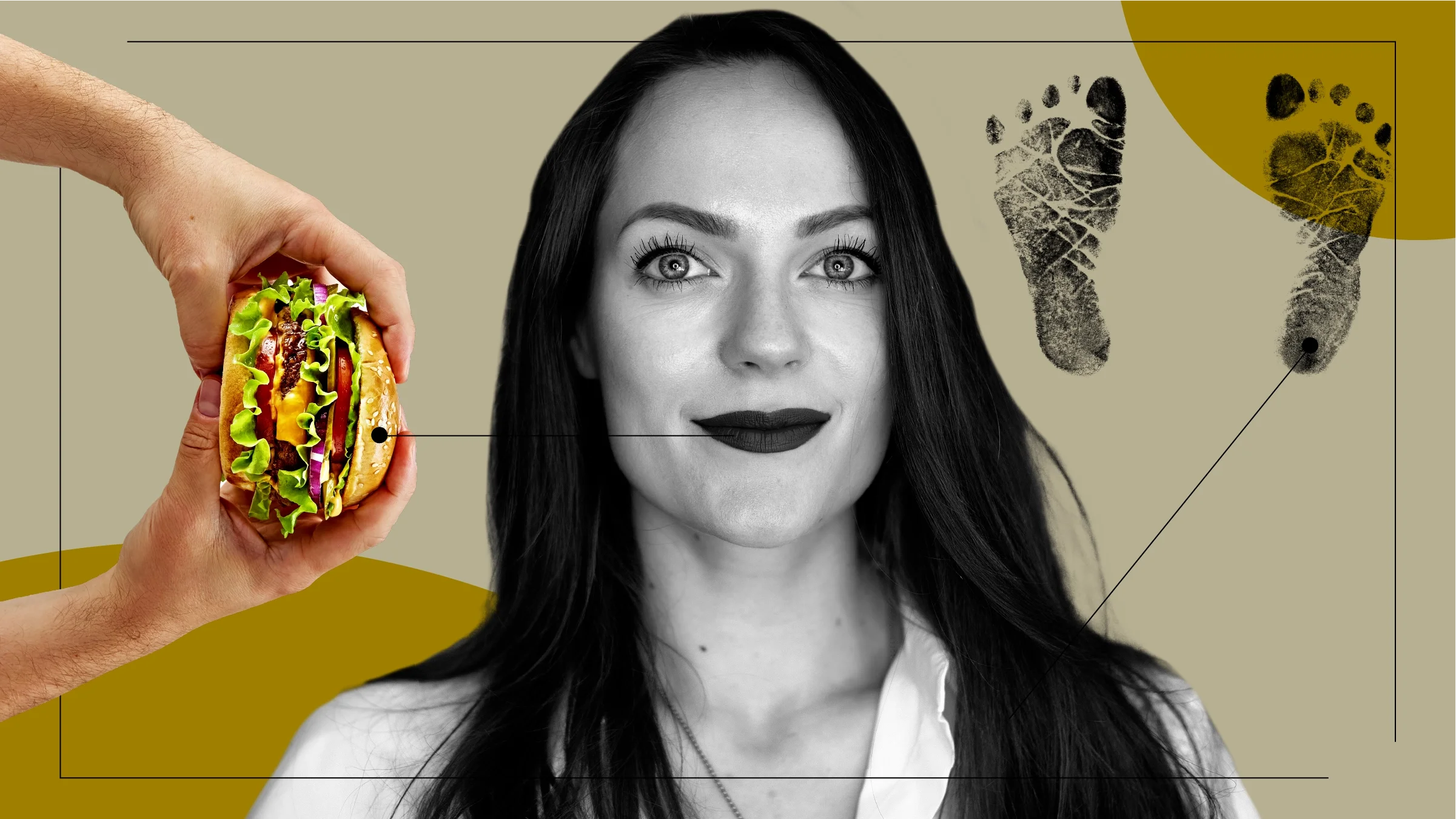 Tan background with black-and-white cutout portrait of a woman with long dark hair. Off of her are diagram lines pointing to objects representing “Ozempic babies.” On the left is a juicy burger in hand. On the right are newborn footprints. 