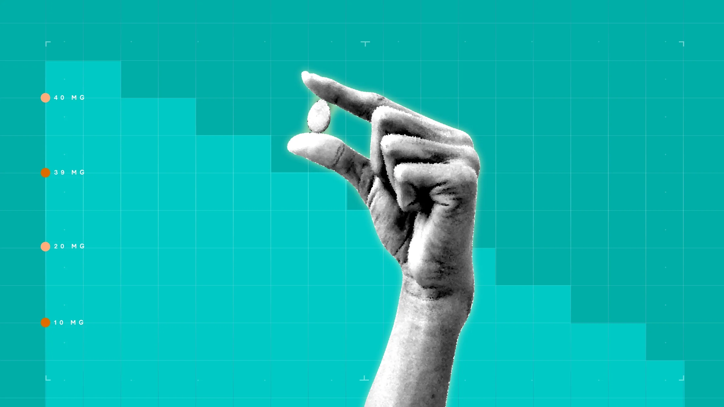Teal background with graph paper texture and representational step graph. In the center is a black-and-white cutout of a hand holding a single pill.