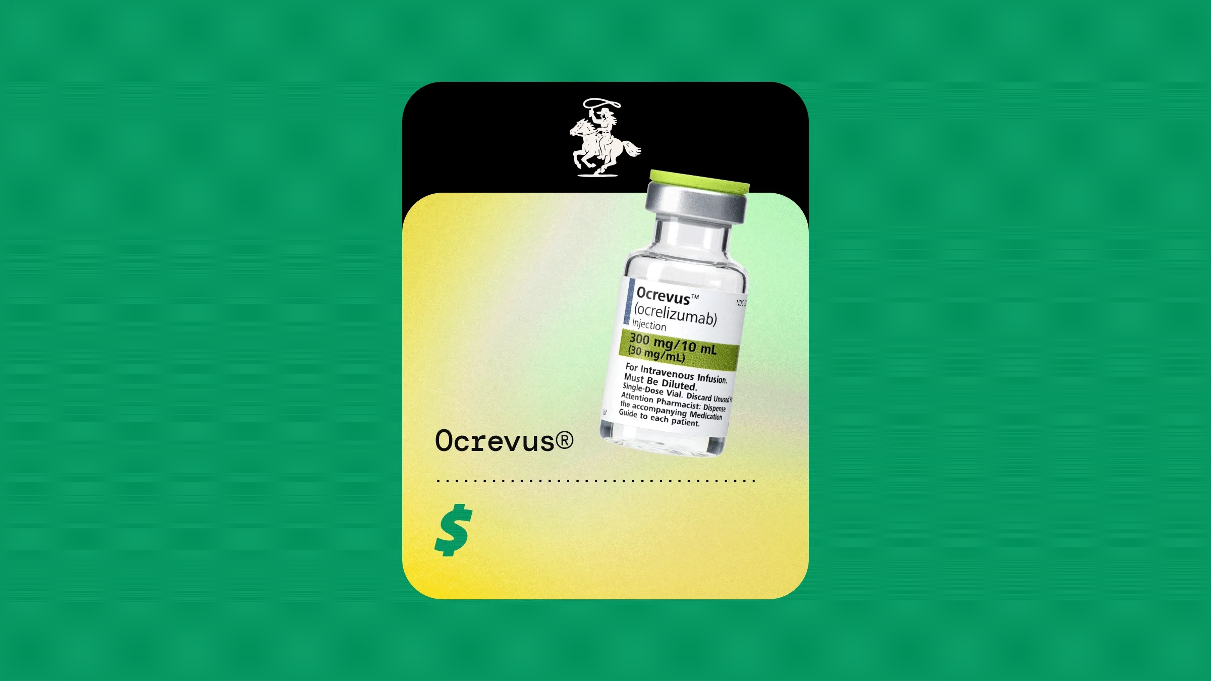 A graphic includes an image of Ocrevus against a green and yellow background with a dollar sign below it.