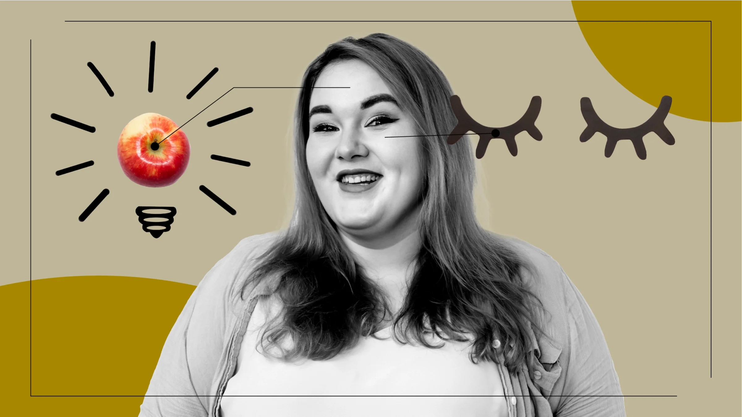 Custom graphic showcasing what it feels like to take Ozempic. In the center is a black and white portrait of a woman smiling. Off of her are diagram lines pointing to object representing the feelings. On the left, is an apple turned into a light blub. On the right are paper cut out sleepy eyes.