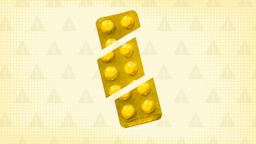 Light yellow background with texture and warning sign pattern. In the center is a yellow blister pack of pills cut into thirds. 
GoodRx Health