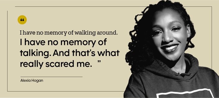 Alexia Hogan is pictured in a portrait, wearing her company’s mental health awareness clothing.