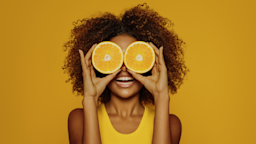 Woman with curly hair holding orange halves up to her eyes on an orange studio background.
CoffeeAndMilk/E+ via Getty Images