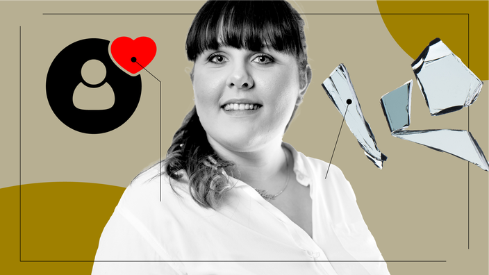 Tan background with black-and-white portrait of a brunette woman with bangs. Off of her are diagram lines pointing to objects representing her experience with kidney stones. On the left is an only user icon with a heart. On the right are shards of glass. 
