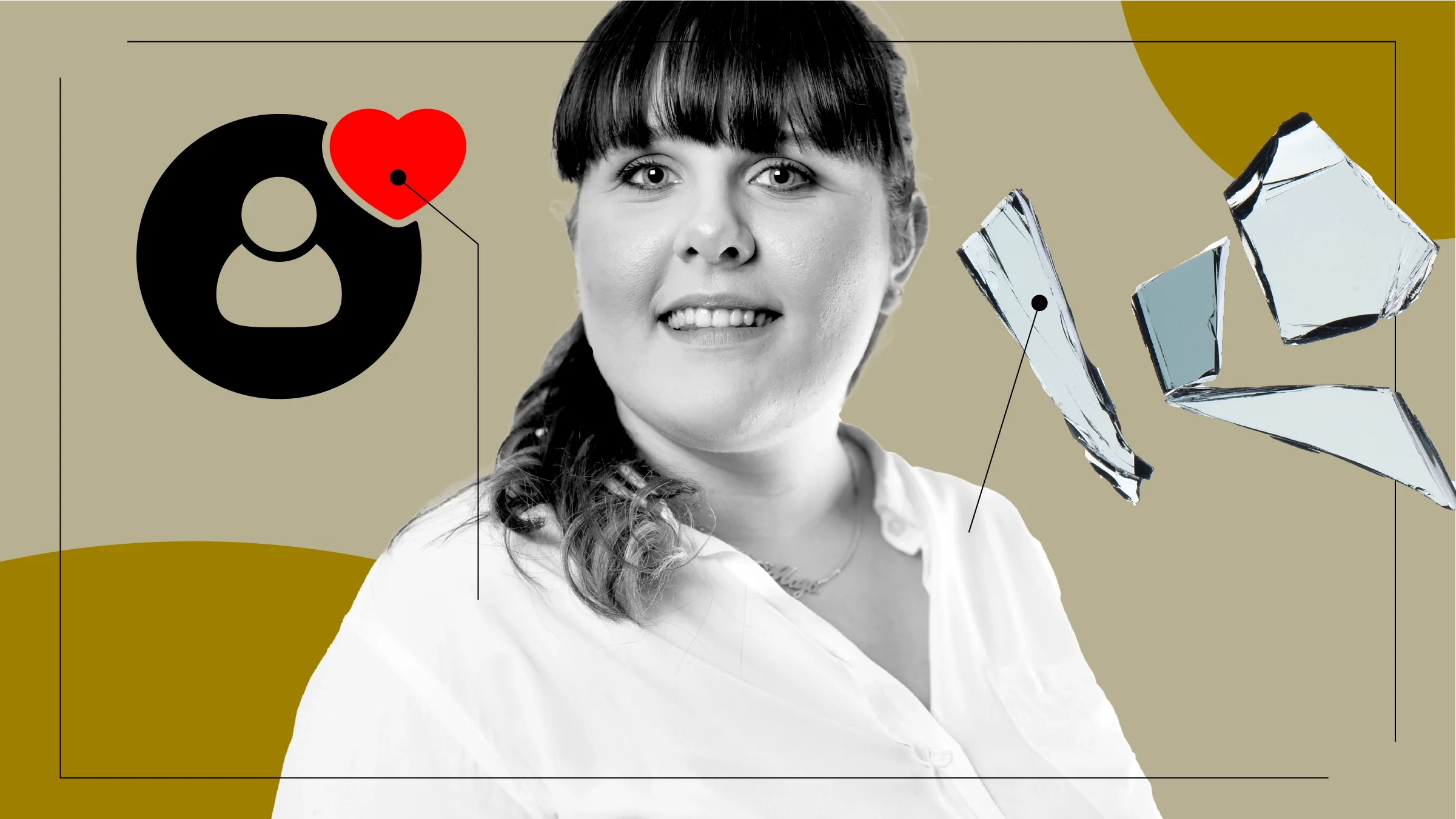 Tan background with black-and-white portrait of a brunette woman with bangs. Off of her are diagram lines pointing to objects representing her experience with kidney stones. On the left is an only user icon with a heart. On the right are shards of glass.