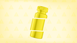 In the center of a yellow background with texture and warning sign pattern is a narrow yellow pill bottle cut into thirds.
GoodRx Health
