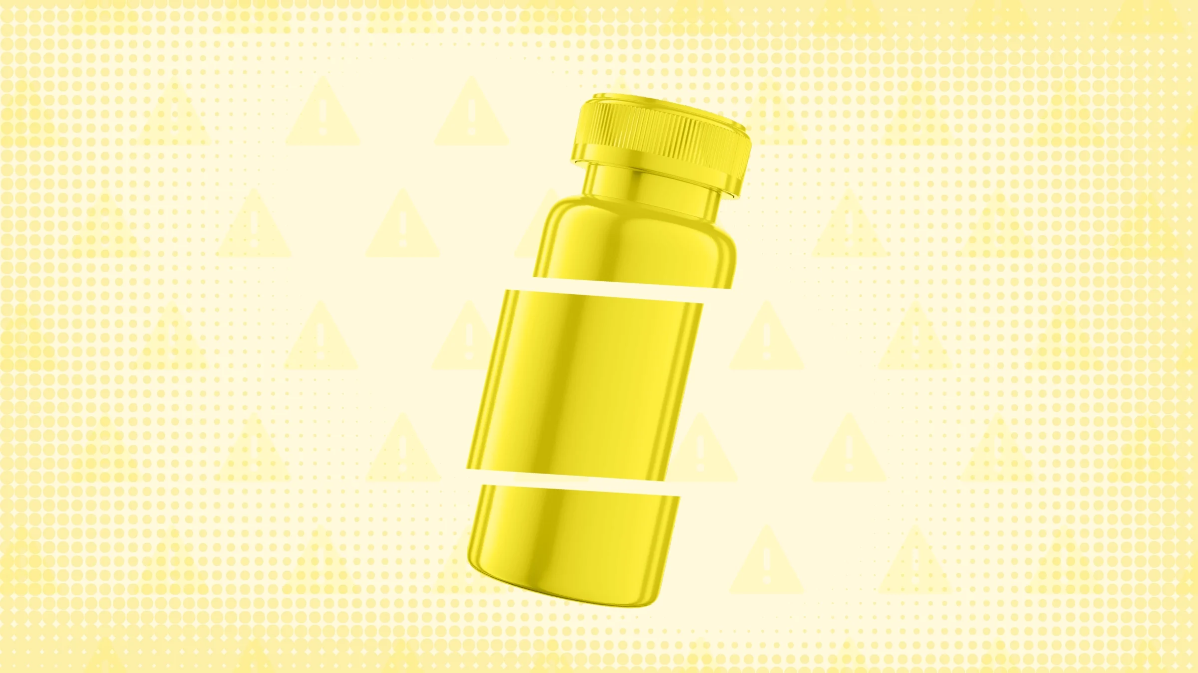 In the center of a yellow background with texture and warning sign pattern is a narrow yellow pill bottle cut into thirds.