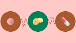 Light red background with three circles across the frame. In the center, on a green circle, are two round yellow pills. On the left, on a red circle, is a single round pink pill. On the right, on a red circle, is a single pink-and-white capsule pill. 
GoodRx Health

