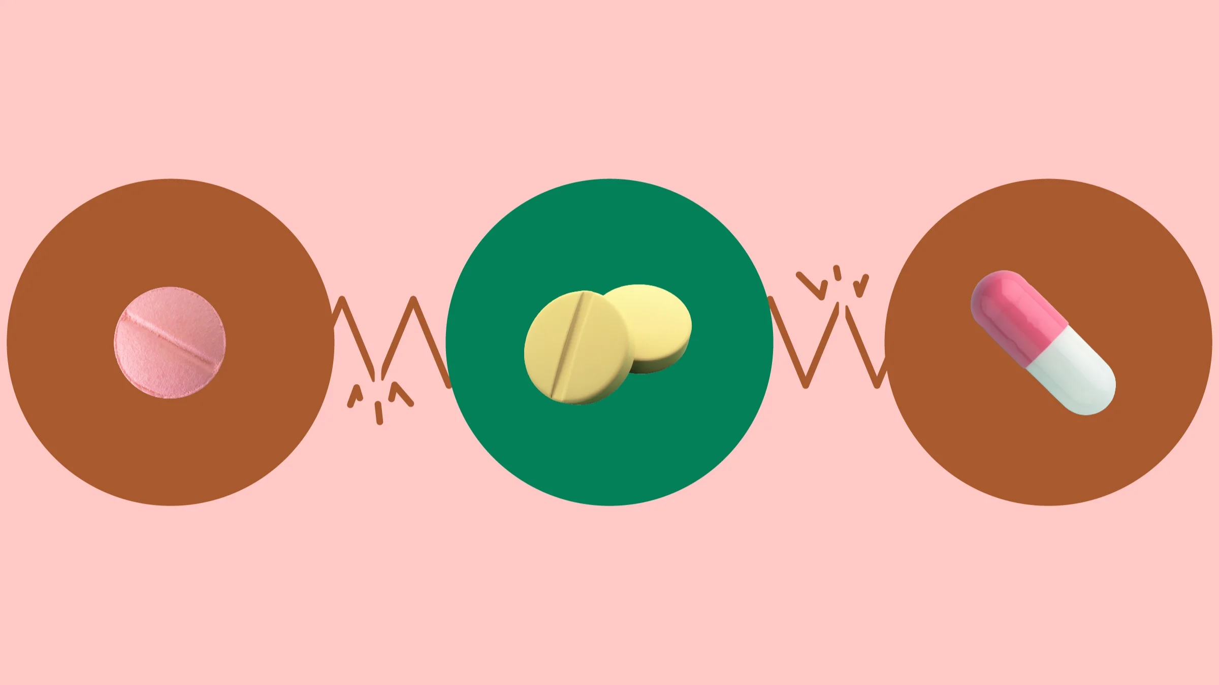Light red background with three circles across the frame. In the center, on a green circle, are two round yellow pills. On the left, on a red circle, is a single round pink pill. On the right, on a red circle, is a single pink-and-white capsule pill. 