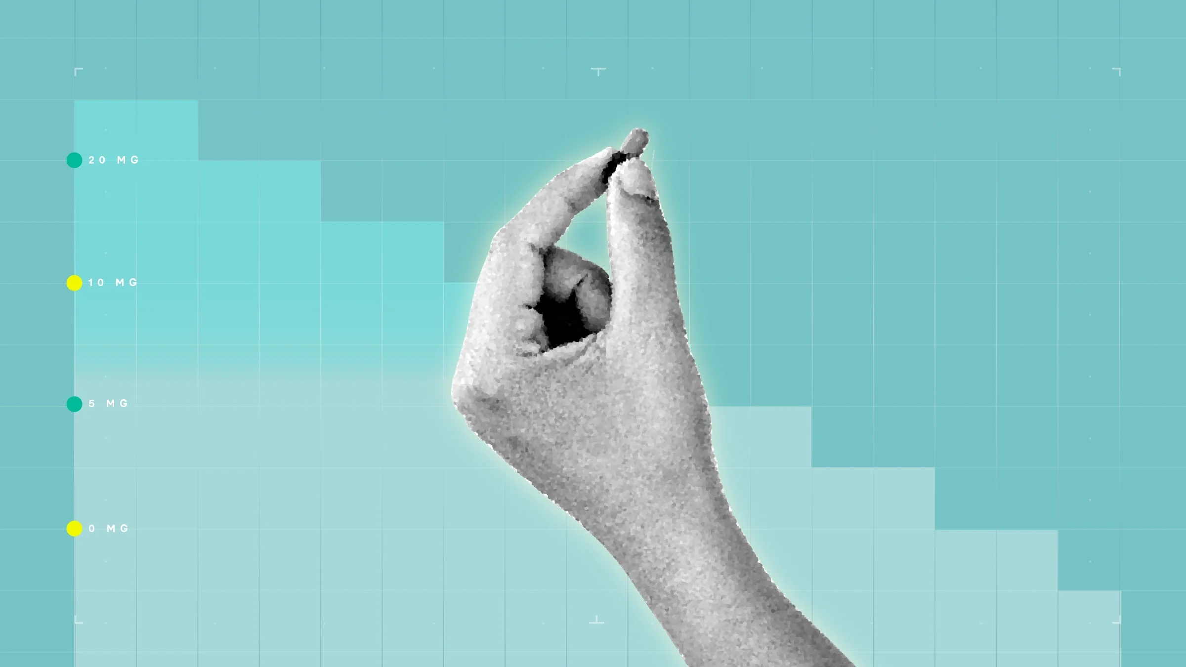 A black-and-white cutout of a hand holding a pill is shown against a teal graph-paper background.