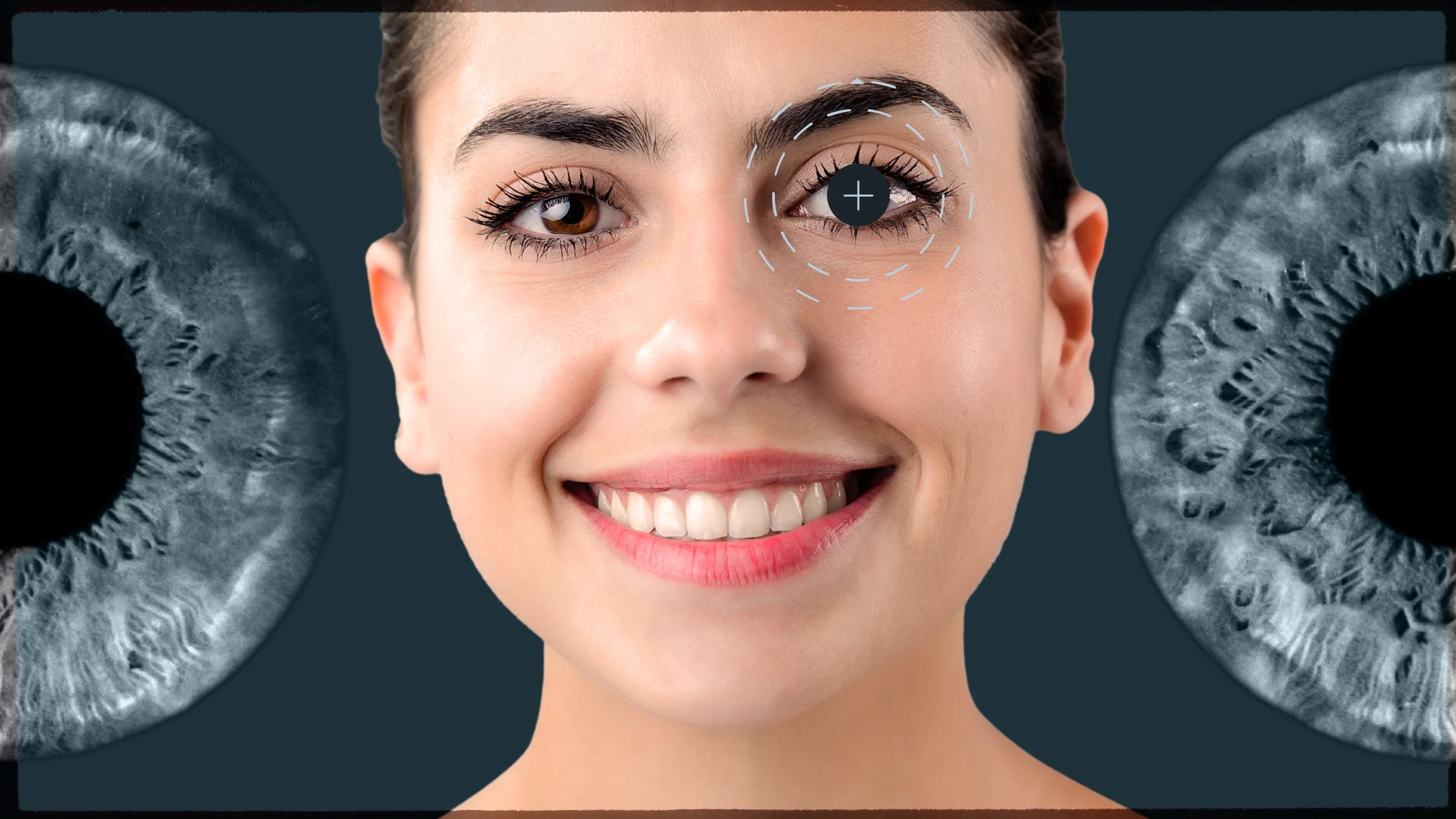 A graphic about laser eye surgery includes a portrait of a smiling woman and close-up cornea scans on either side.