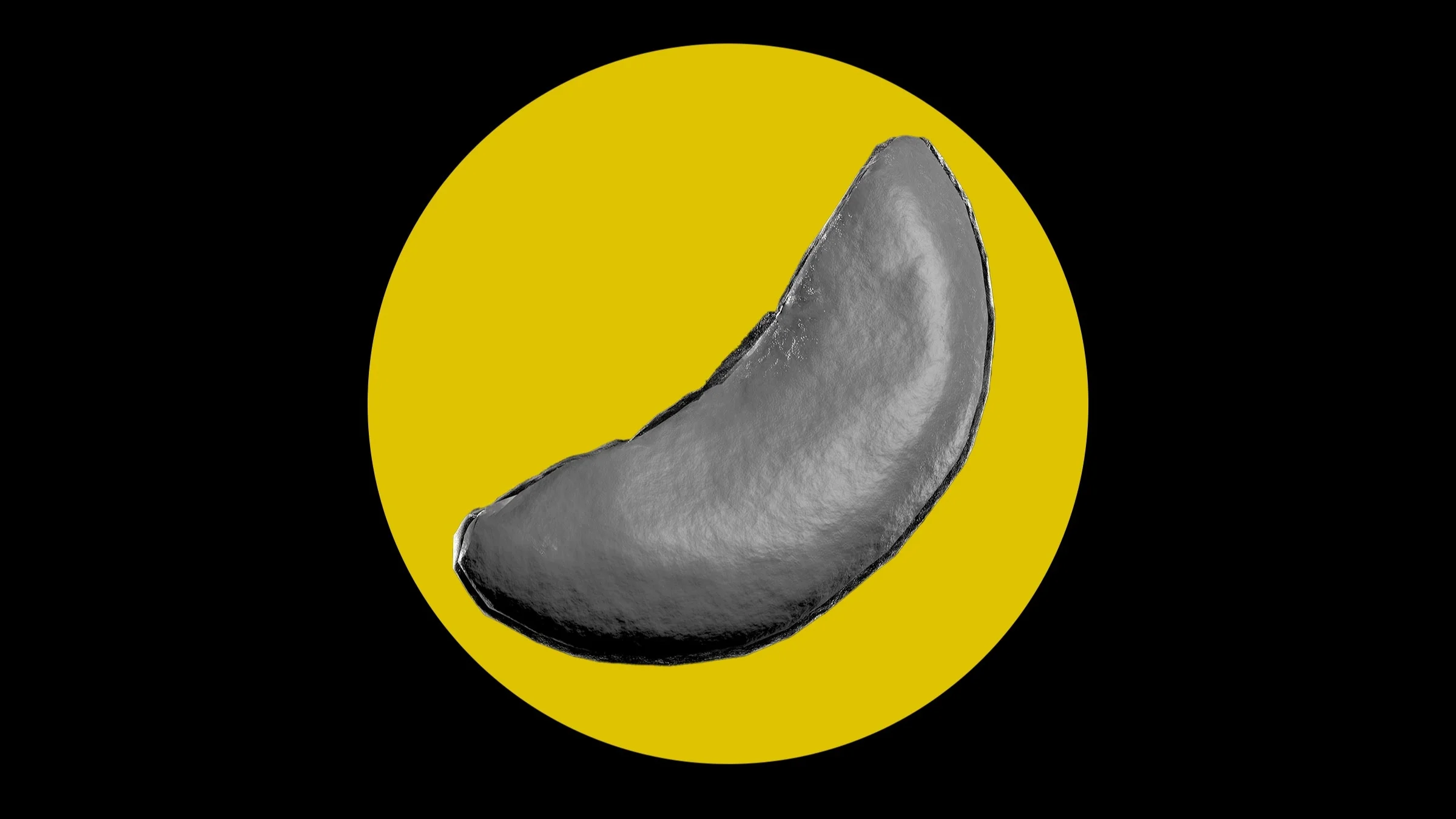 Black-and-white 3D image of a sickle cell, on a yellow graphic circle.
