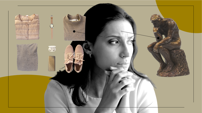 Tan background with a black-and-white cutout of a woman with a concerned look on her face. Off of her are diagram lines pointing to objects representing OCD. On the left is an image of organized clothes and accessories. On the right is a bronze statue of The Thinker by Rodin.