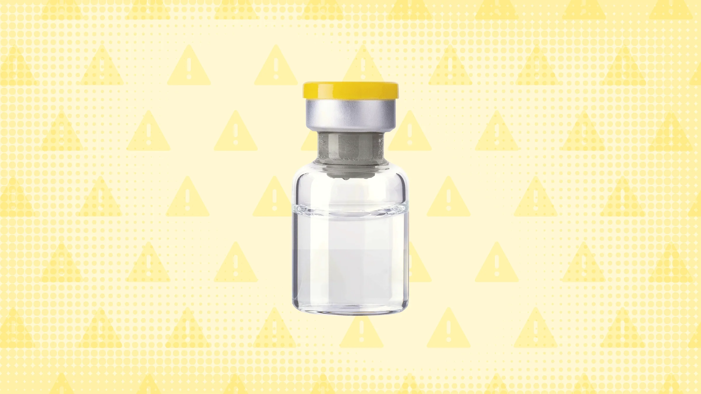 Light-yellow background with texture and warning sign pattern. In the center is a vial of liquid medication. Credits: GoodRx Health