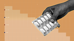 A light-orange background with graph paper texture and representational step graph. In the center is a black-and-white cutout of a hand holding a blister pack of pills.
GoodRx Health