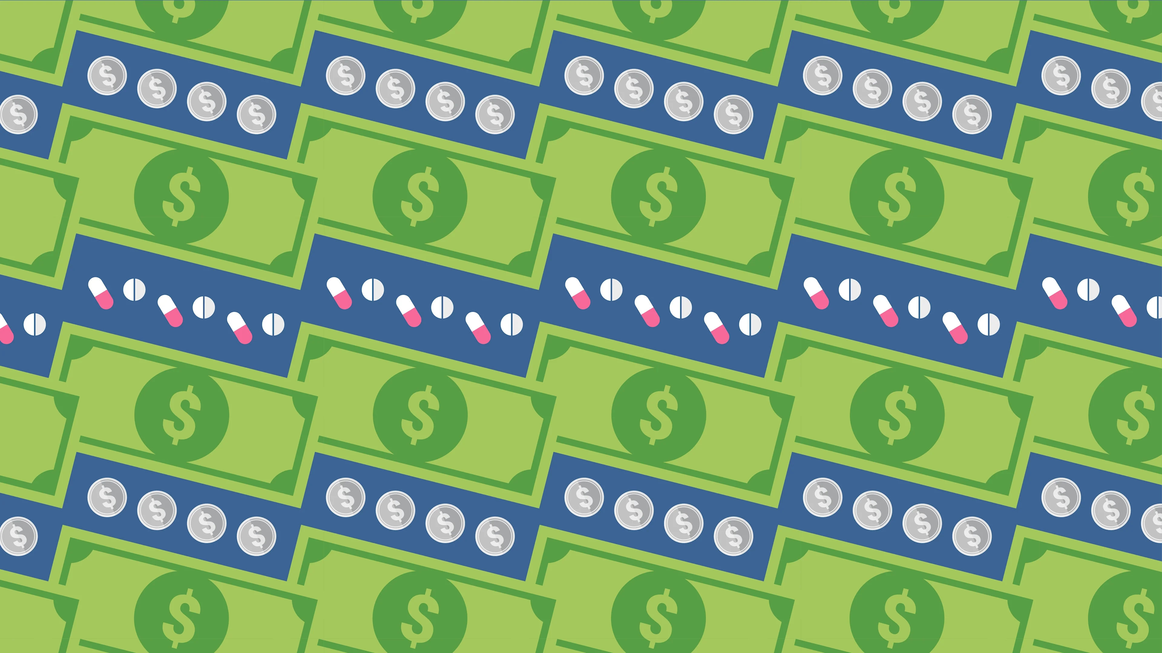 Dollar bills, coins, and pills