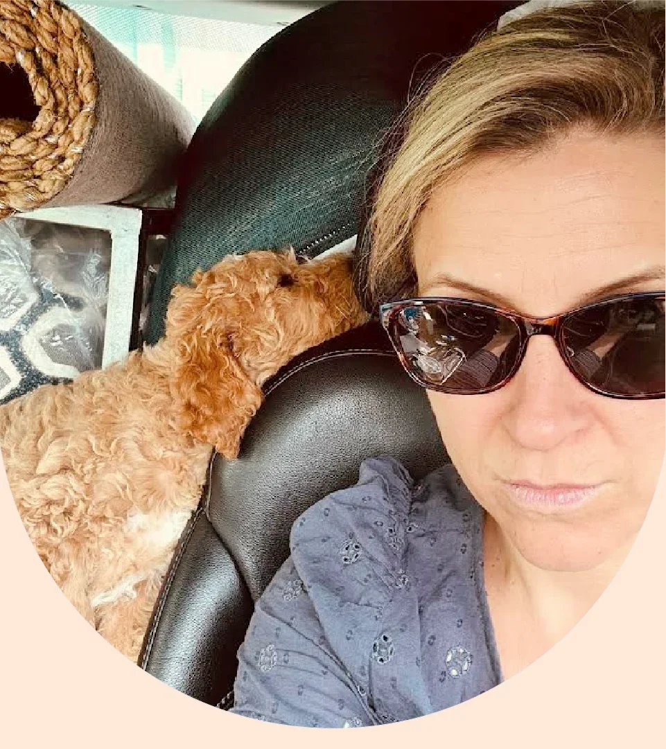 Jess Wakefield and her dog, Ruby, are pictured in a car selfie.