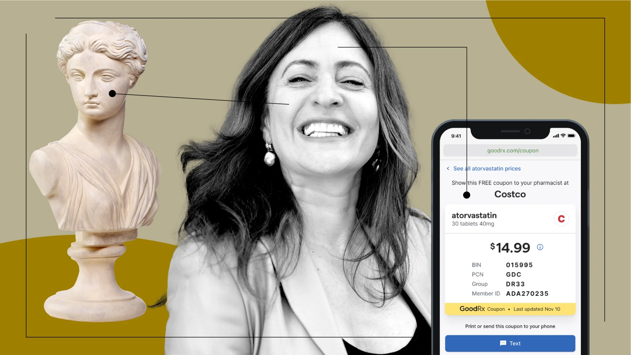 Tan background with black-and-white cutout portrait of a smiling woman. Off of her are diagram lines pointing to objects representing Monica Gonzalez-Ramirez’s journey with health and savings. 