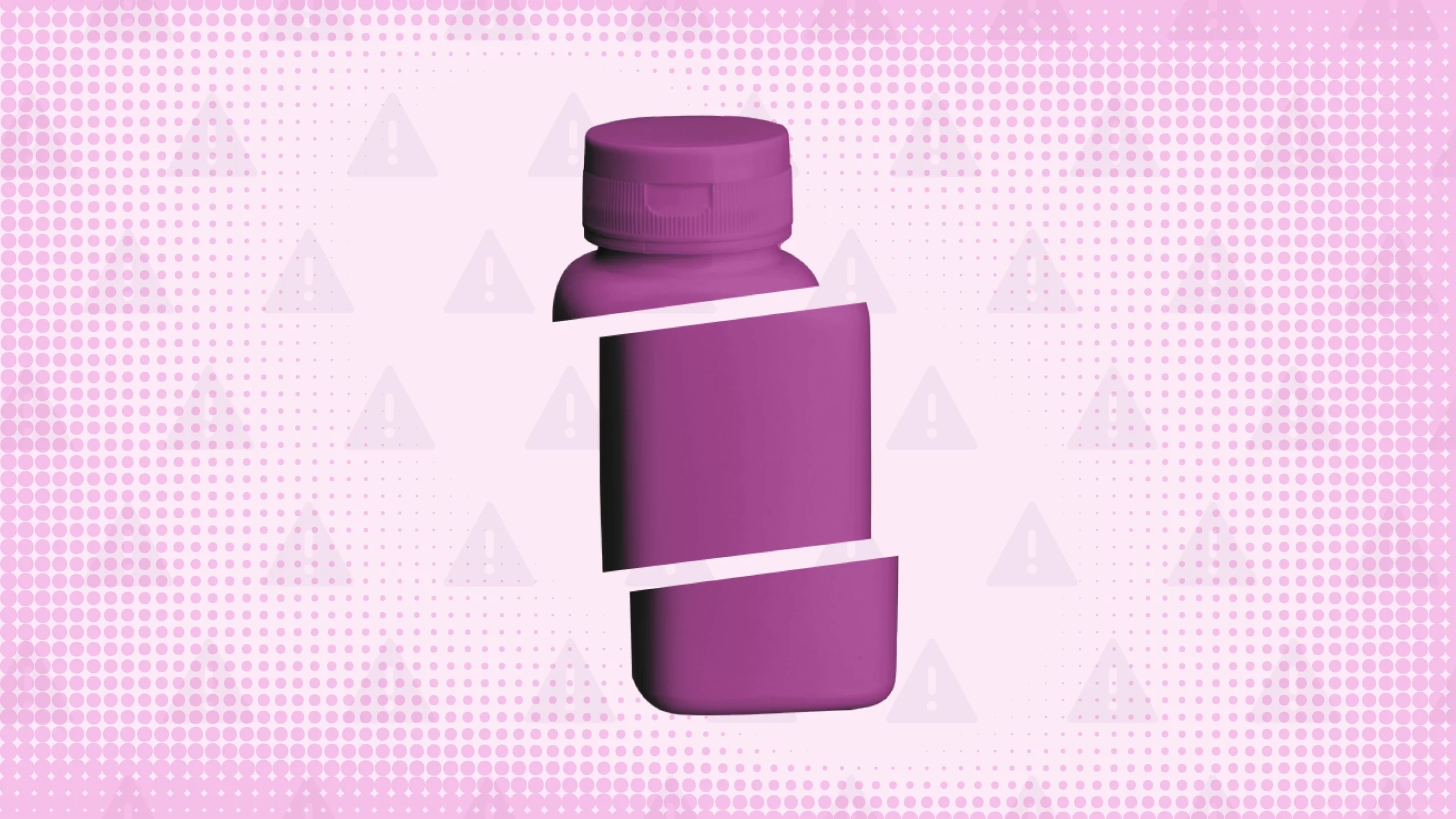 Light purple background with half-tone texture and warning sign pattern. In the center is a purple pill bottle cut into thirds.