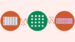 Light red-pink background with one green circle in the middle and two red circles on either side connected with a broken zig-zag line. In the left red circle is a blister pack of pills. The center green circle has a 4x4 grid of white round pills. And the right red circle has a hormonal birth control pack.
GoodRx Health