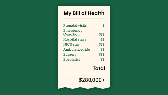 Dark green background with a receipt-like graphic reading: “My Bill of Health, Prenatal visits $, Emergency C-section $$$, Hospital stays $$, NICU stay $$$, Ambulance ride $$, Surgery $$$, Specialist $$, Total = $280,000+.”