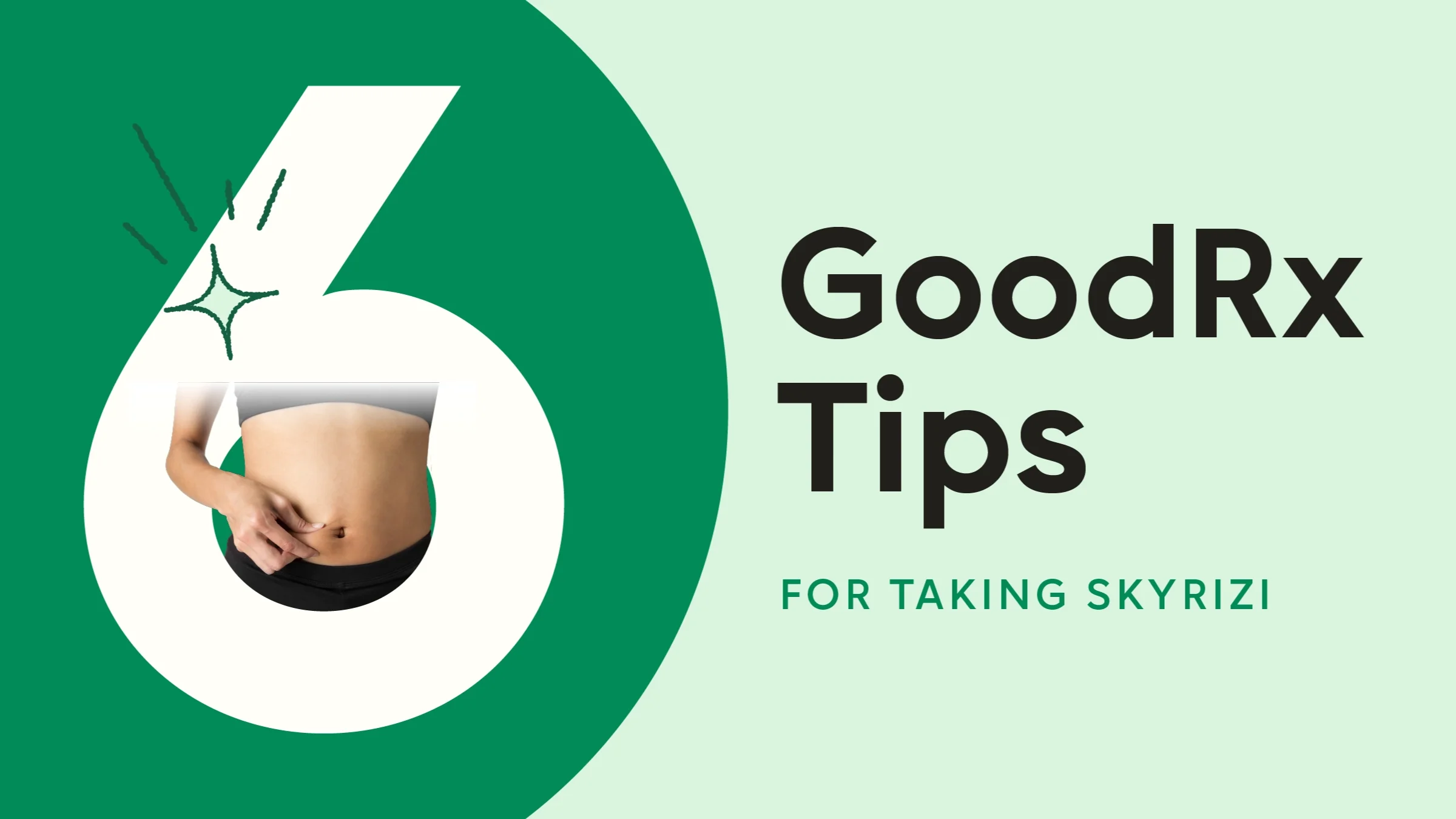 A custom graphic reads “6 GoodRx Tips for Taking Skyrizi.” On the left hand side, in the number six, is a photo of a woman’s torso as she pinches her stomach.