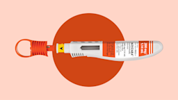 A Kevzara injection pen is pictured against a red background.
Courtesy of Regeneron and Sanofi
