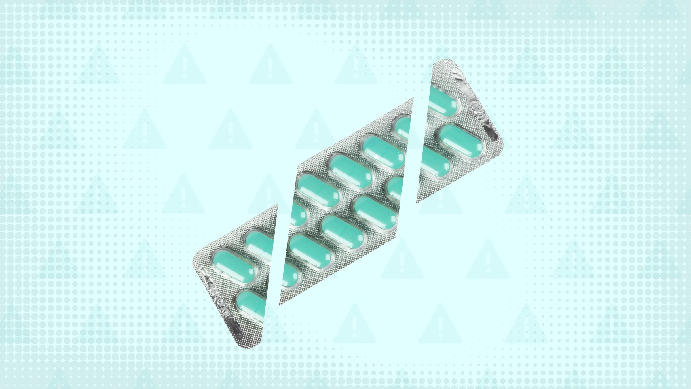 A custom graphic includes a teal background with a warning sign pattern and a blister pack of oblong, teal pills cut into thirds.
GoodRx Health