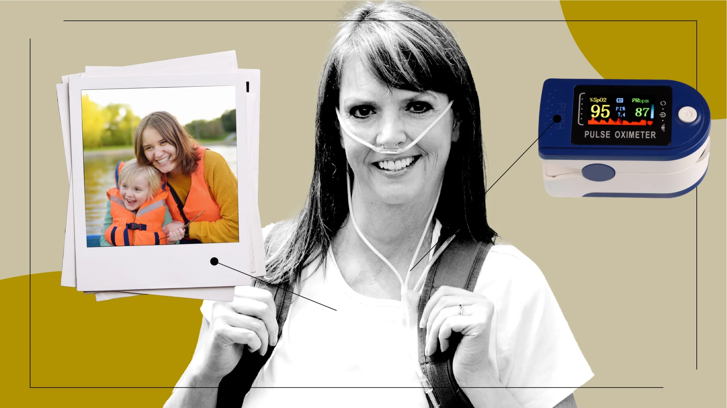 A black-and-white photo of a woman with oxygen tubes. Beside her are an image of a pulse oximeter and a family photo. 
