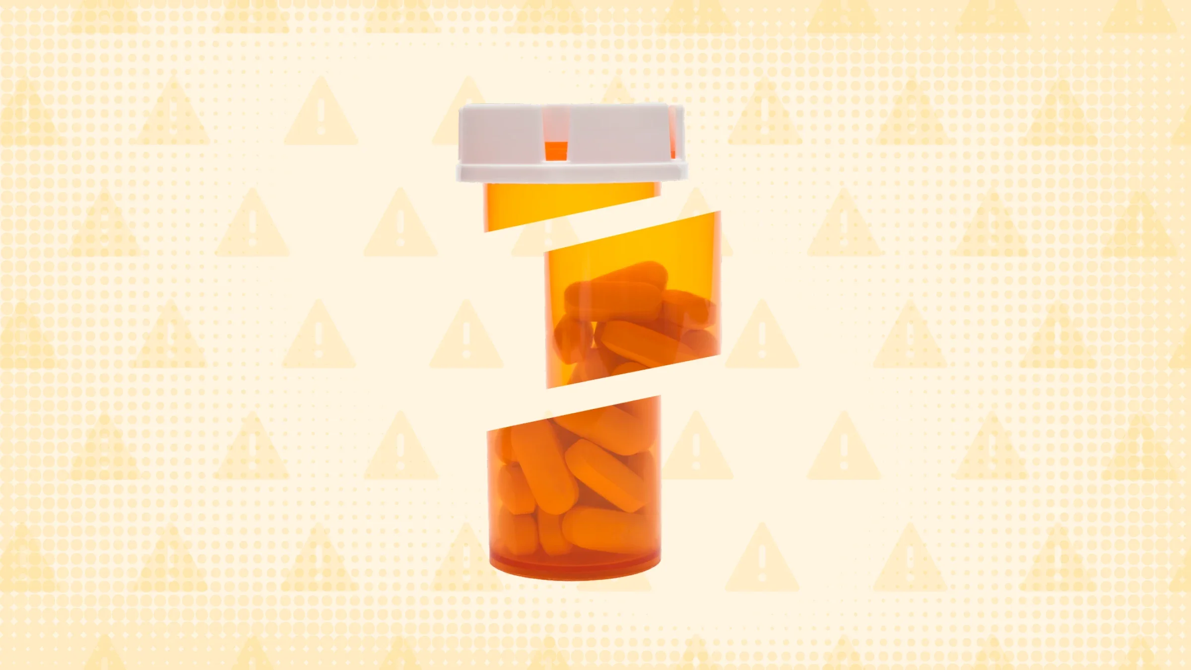 Light orange background with overlayed warning sign pattern in darker orange. In the center is an orange and white prescription pill bottle with pills that is cut up into three sections.
GoodRx Health