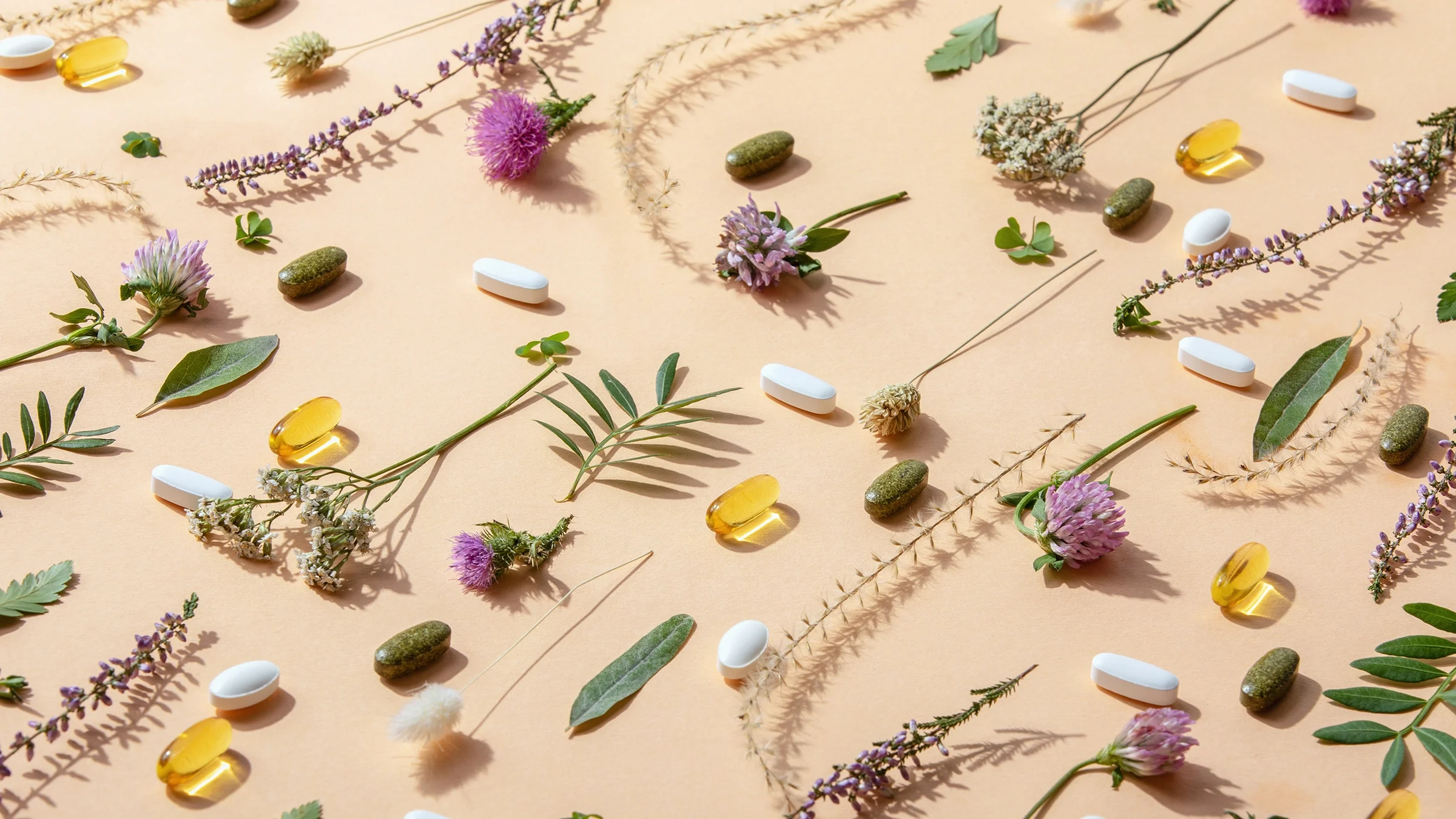 A still-life arrangement contains a number of plants, flowers, and pills.