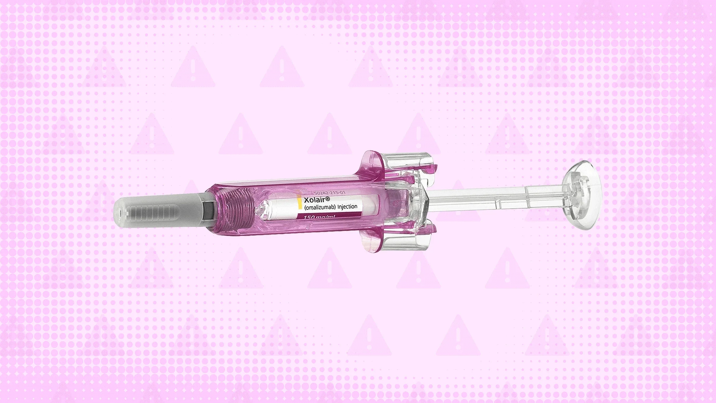 Light purple background with texture and warning sign pattern. In the center is a prefilled syringe
GoodRx Health, Courtesy of Novartis and Genentech