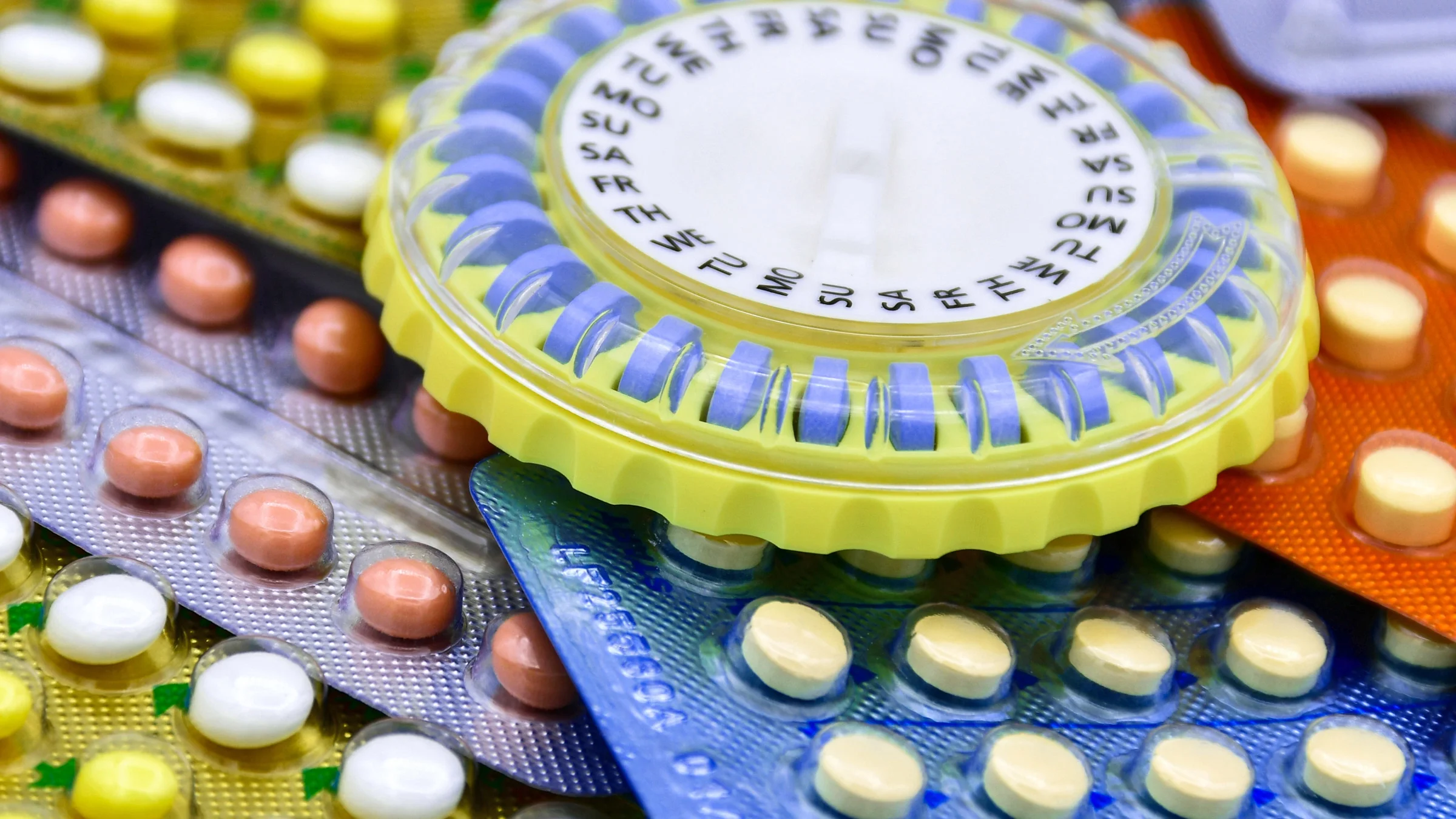 A colorful assortment of birth control pills.