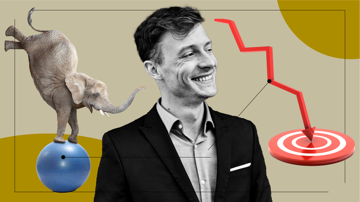 Custom graphic illustrating how it feels to take lisinopril. In the center is a black-and-white portrait of a smiling man in a suit. Off of him are diagram lines pointing to items representing the feelings. On the left is an elephant balancing on a ball, and on the right is a downward graph arrow hitting a target. 