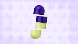 Light purple background with texture and warning sign pattern. In the center is a purple and yellow capsule pill cut into thirds. 
GoodRx Health