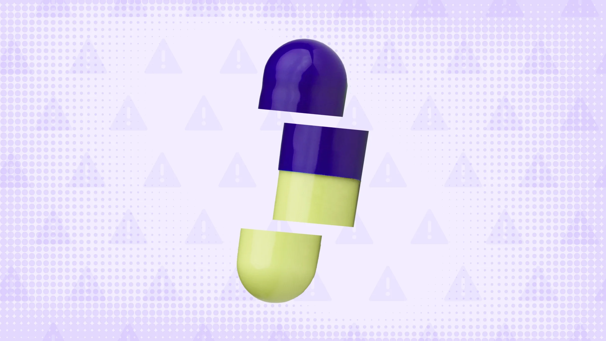 Light purple background with texture and warning sign pattern. In the center is a purple and yellow capsule pill cut into thirds. 