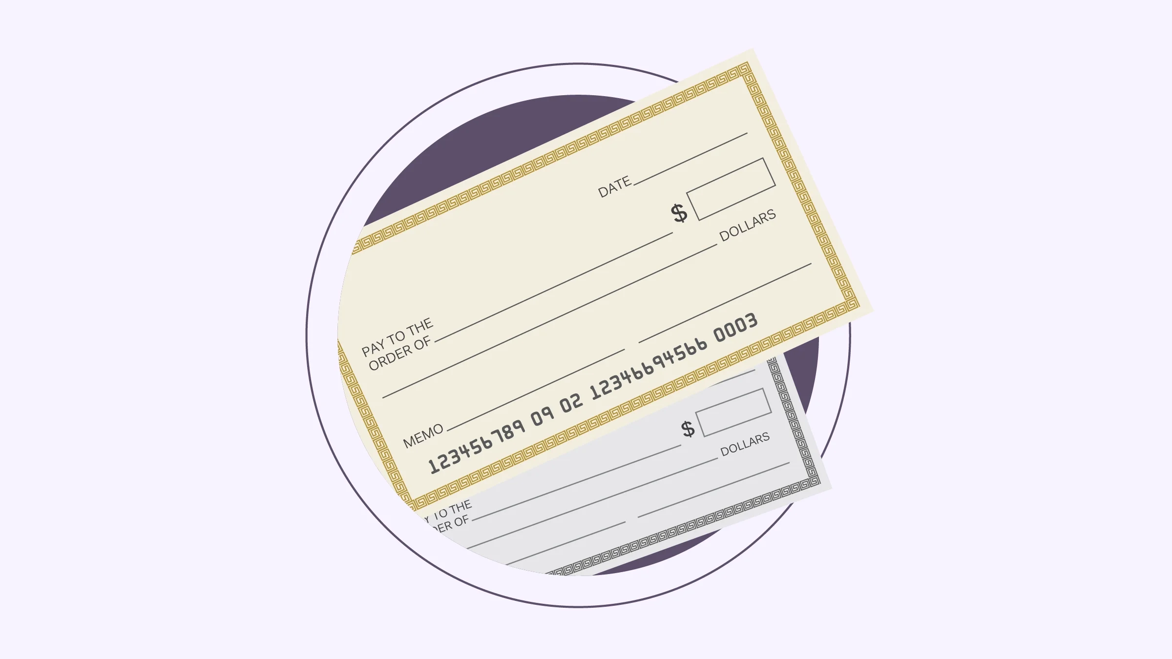 Custom graphic of two blank checks inside a purple circle on a light purple background.