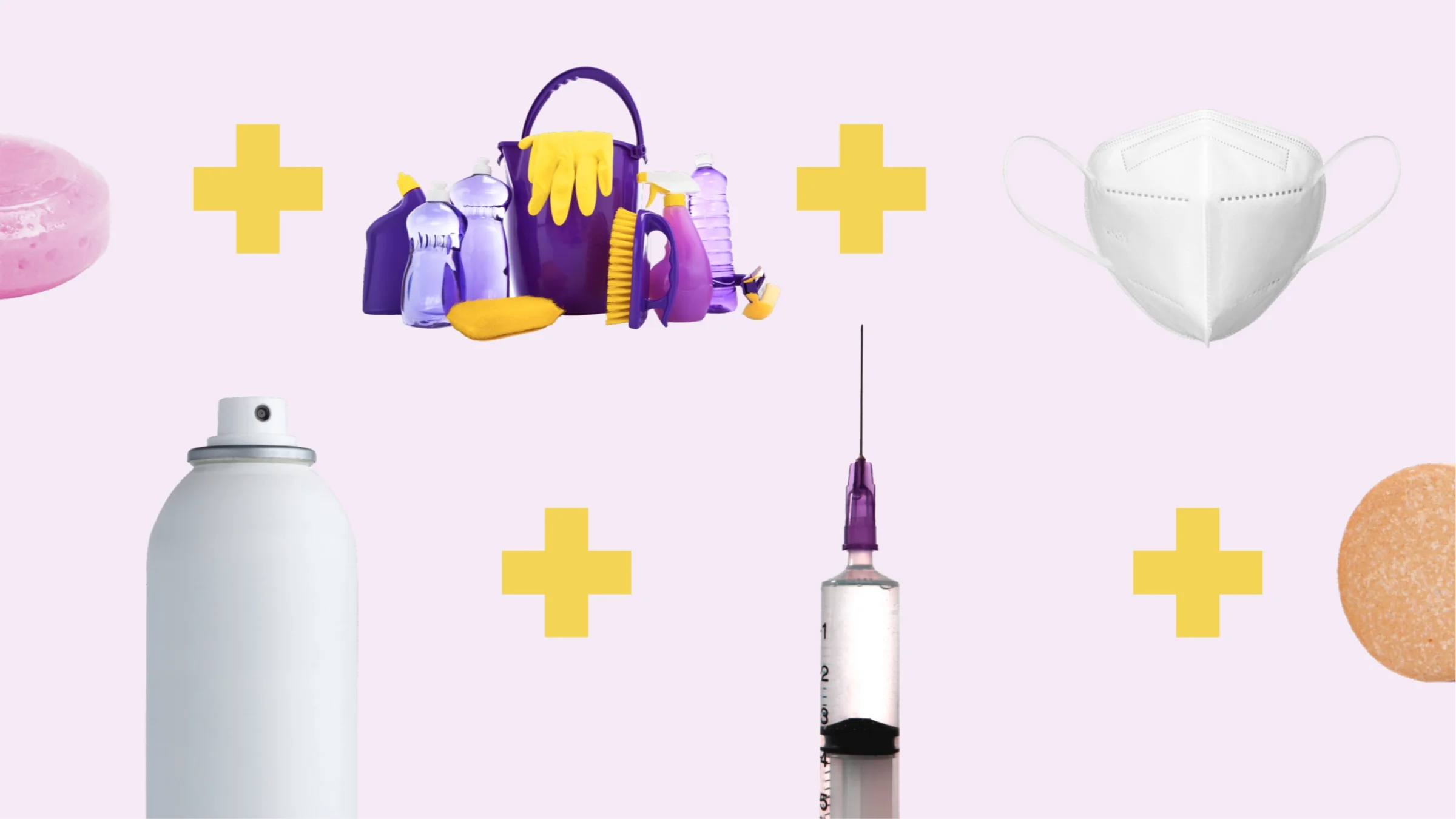 Custom graphic showcasing items that Deitra Redd keeps on hand for cold and  flu season. Top from left to right: throat lozenges, cleaning supplies and N95 masks. Bottom from left to right: antibacterial spray, flu shot, and vitamin c tablet. In between the items are yellow plus signs.