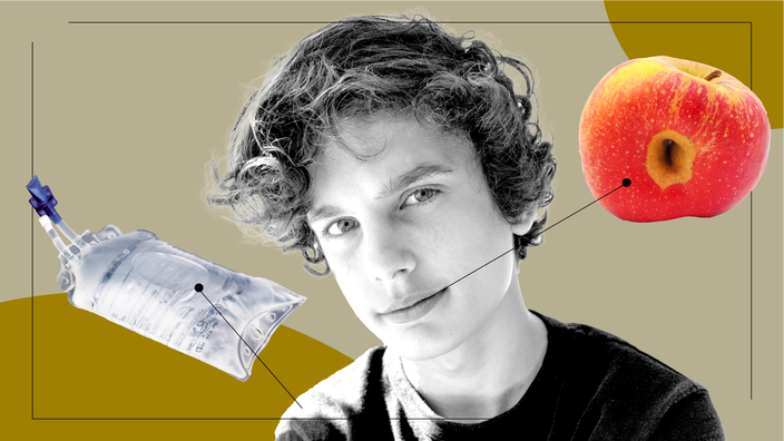 Tan background with a black-and-white cutout of a teenage boy. Off of him are lines pointing to objects representing graft-versus-host disease. On the left is an intravenous bag, and on the right is a “sore” on an apple.
