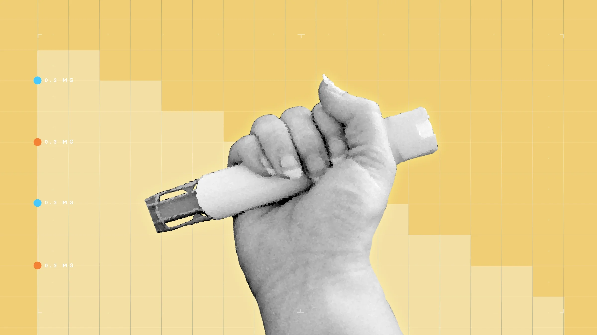 Light-yellow background with graph paper texture and representational step graph. In the center is a black-and-white cutout of a hand holding an EpiPen.