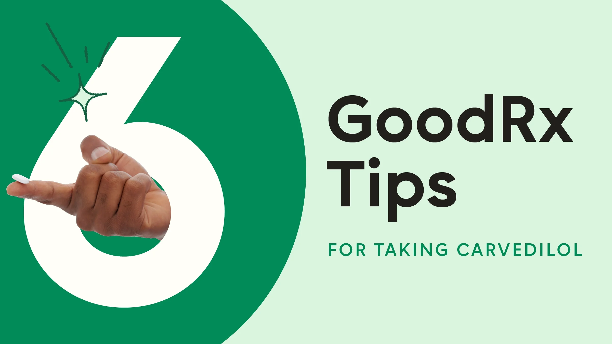 Light green background with text reading “6 GoodRx Tips: For Taking Carvedilol.” On the left, intertwined with the number six, is a hand holding a single white pill on the pointer finger. 