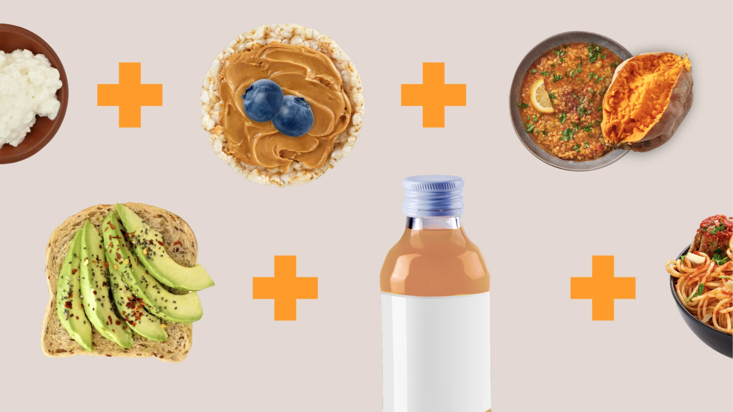 Tan background with two rows of food items separated by yellow-orange plus signs. Top row, from left to right: a bowl of cottage cheese, a rice cake with peanut butter and blueberries, and a bowl of soup and a sweet potato. Bottom row, left to right: gluten-free avocado toast, kombucha bottle, and a bowl of spaghetti and meatballs. 
