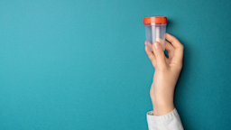 Hand holding a urine test cup on a blue textured background.
Irina Shatilova/iStock via Getty Images