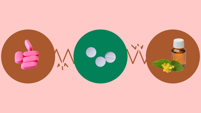 A graphic on guanfacine interactions shows different pills and supplements highlighted by red and green circles.