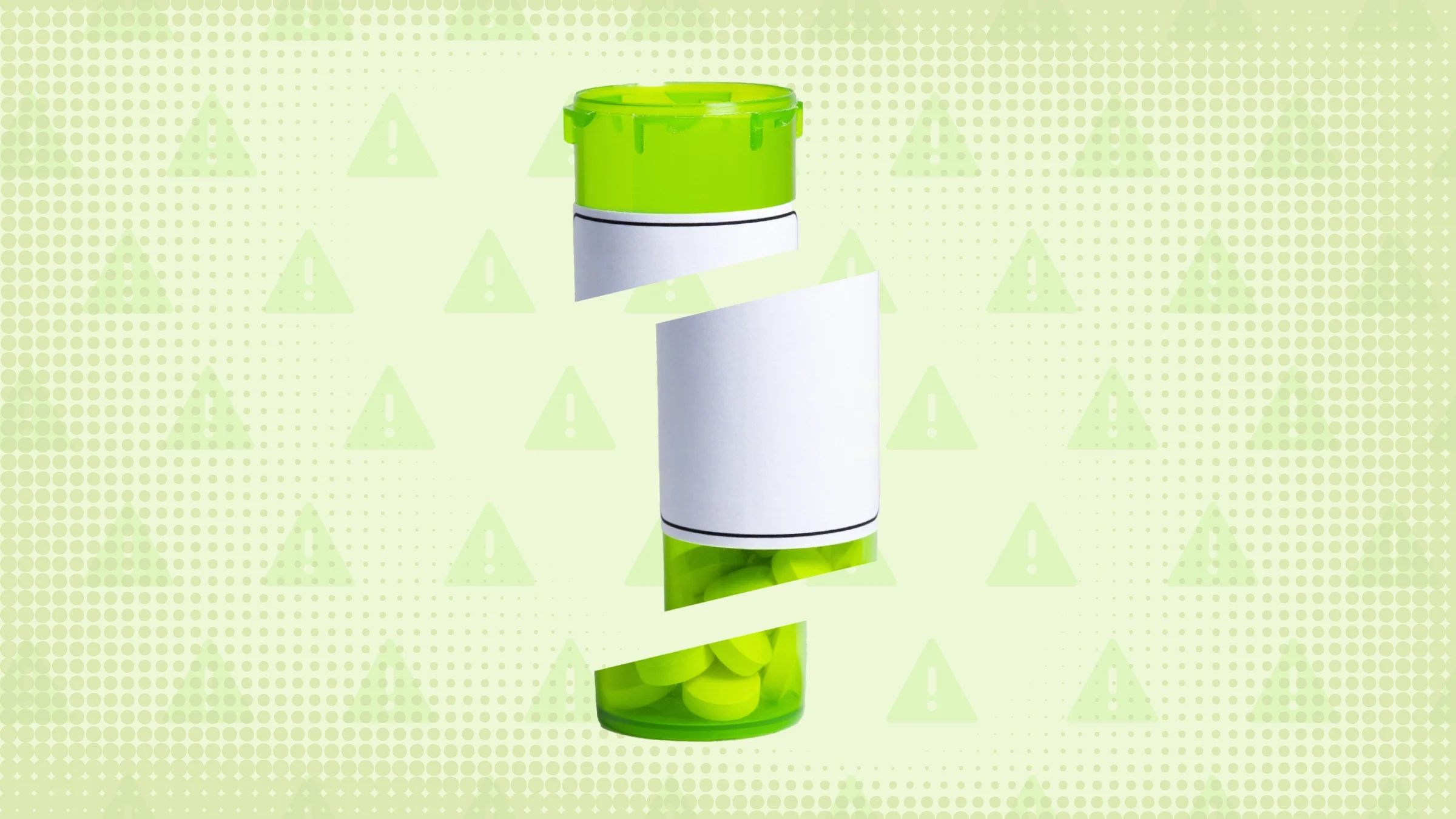 Light-green background with texture and warning sign pattern. In the center is a green pill bottle, without a cap, cut into thirds. 