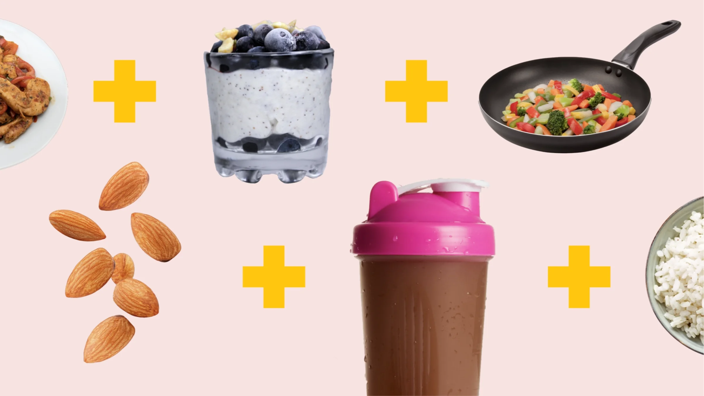 Light pink background with two rows of food items. Top row, from left to right: chicken and bell pepper meal, yogurt parfait, and a pan of veggies. Bottom row, from left to right: almonds, chocolate protein shake, and white rice. 