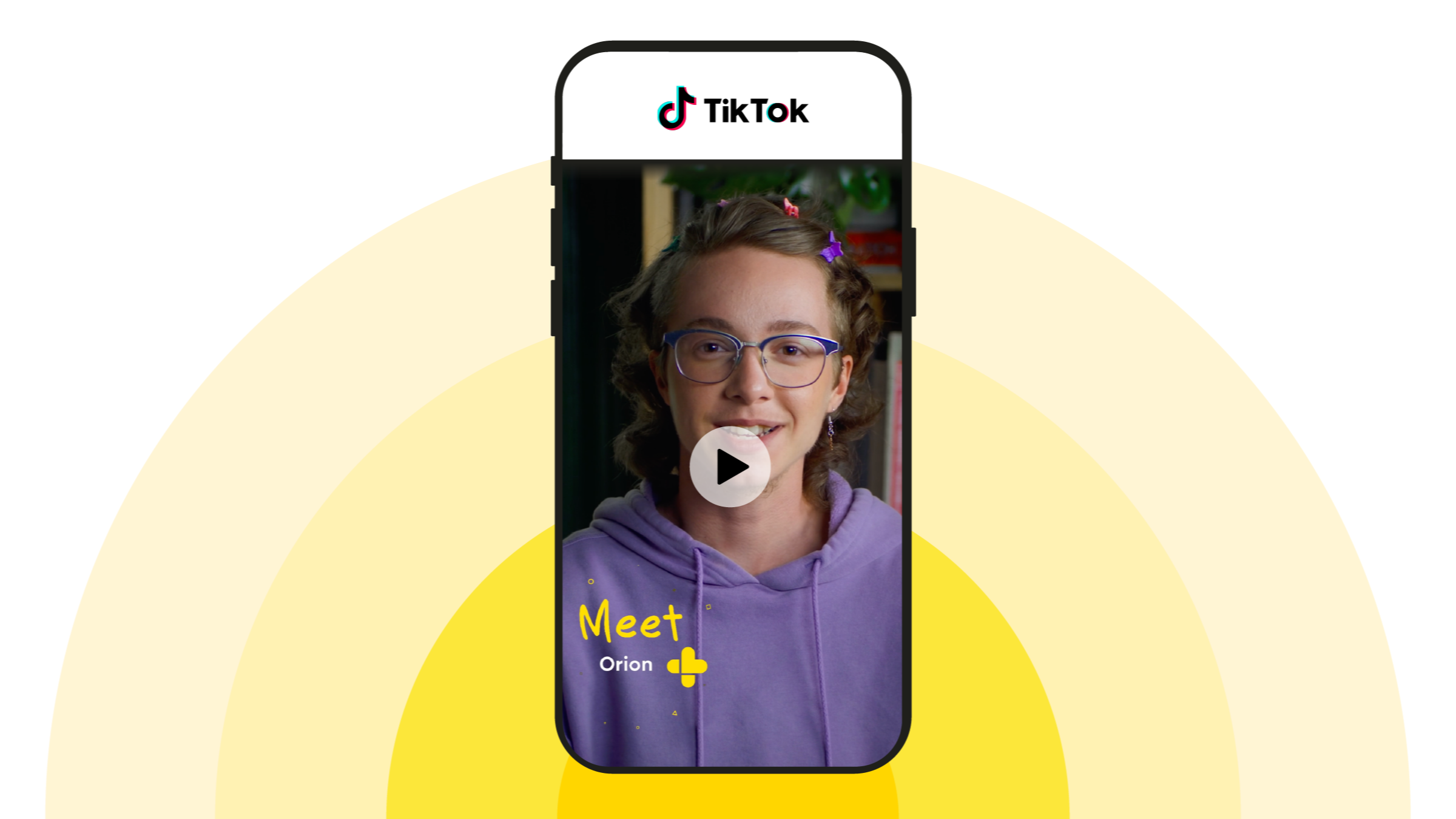 A custom graphic includes a phone screen previewing a TikTok video made by Orion Elis and a yellow, radial background behind the phone.